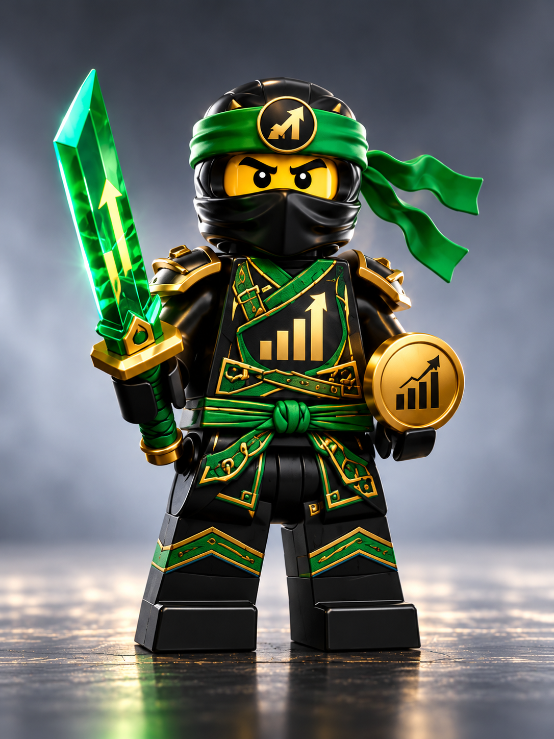 Green LEGO-style ninja holding a glowing green crystal sword and a gold growth coin