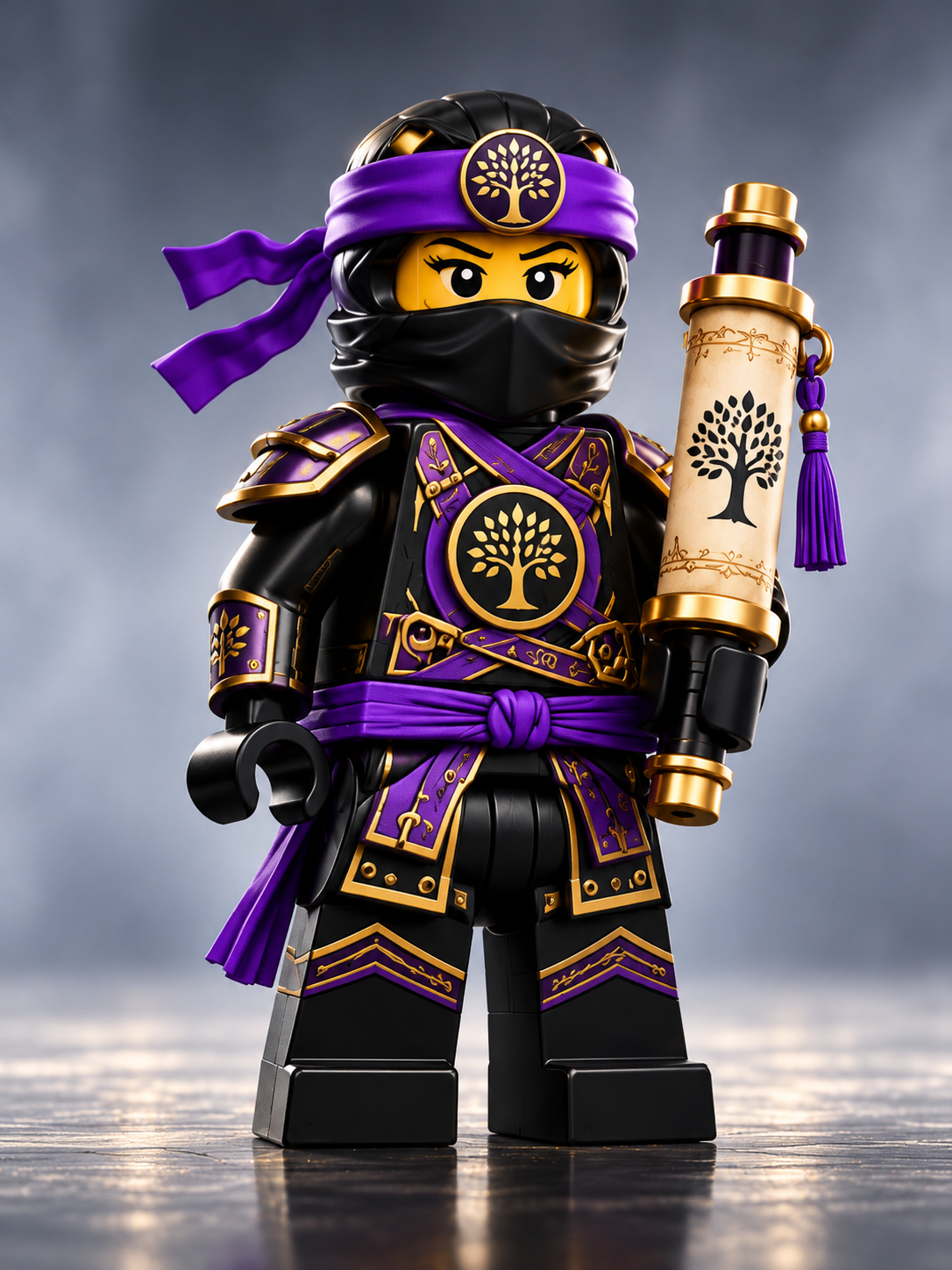 Purple LEGO-style ninja holding a scroll decorated with a tree of life
